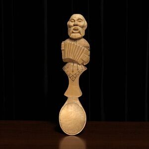 Vintage 1999 Accordion Player Spoon: Koctpoma Hand-Carved Russian Folk Art